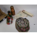 19th Century mother of pearl and lace fan, a ladies bead work evening bag and other miscellaneous