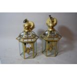 Pair of small reproduction gilt brass and bevelled glass hexagonal lantern form light fittings