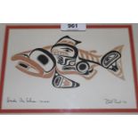 Bill Reid, artist signed lithograph, Haida Dog Salmon, 4.75ins x 7ins, framed