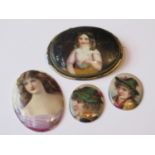 Gilt metal and Continental porcelain brooch set with a portrait of a girl, together with a pair of