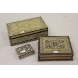North African mother of pearl and bone inlaid rectangular work box with hinged cover, 17ins wide