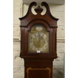 Early 20th Century mahogany and inlaid longcase regulator clock, the broken arch hood above an