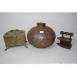 Indian rivited metal water vessel, small brass casket with hinged cover on low supports and a