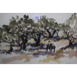 Claude Quiesse, watercolour, figure in a horsedrawn cart in an olive grove, signed, 13.5ins x 20ins,