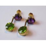 Pair of gold amethyst and peridot drop earrings, 19mm drop