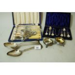 Cased set of plated fish knives and forks, cased set of plated coffee spoons and a small quantity of