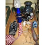 Nailsea type glass ornamental pipe together with various other items of Art Glass ware Some