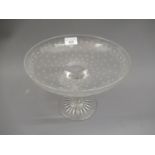 19th Century etched glass pedestal comport with stylised decoration in the form of stars, 10ins