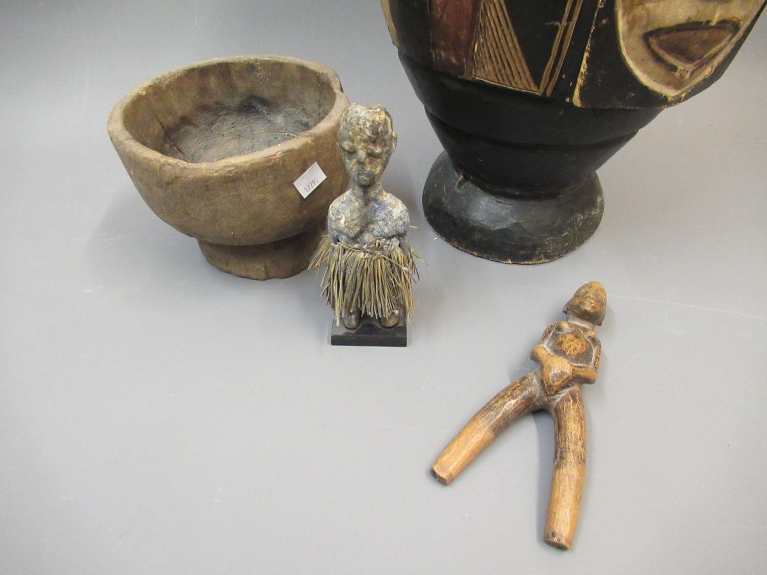 African native carved figural catapult, small native carved figure, an African bowl and a drum - Image 2 of 2