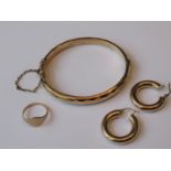 9ct Gold bangle, 9ct gold signet ring and a pair of 9ct gold hoop earrings 14.5g