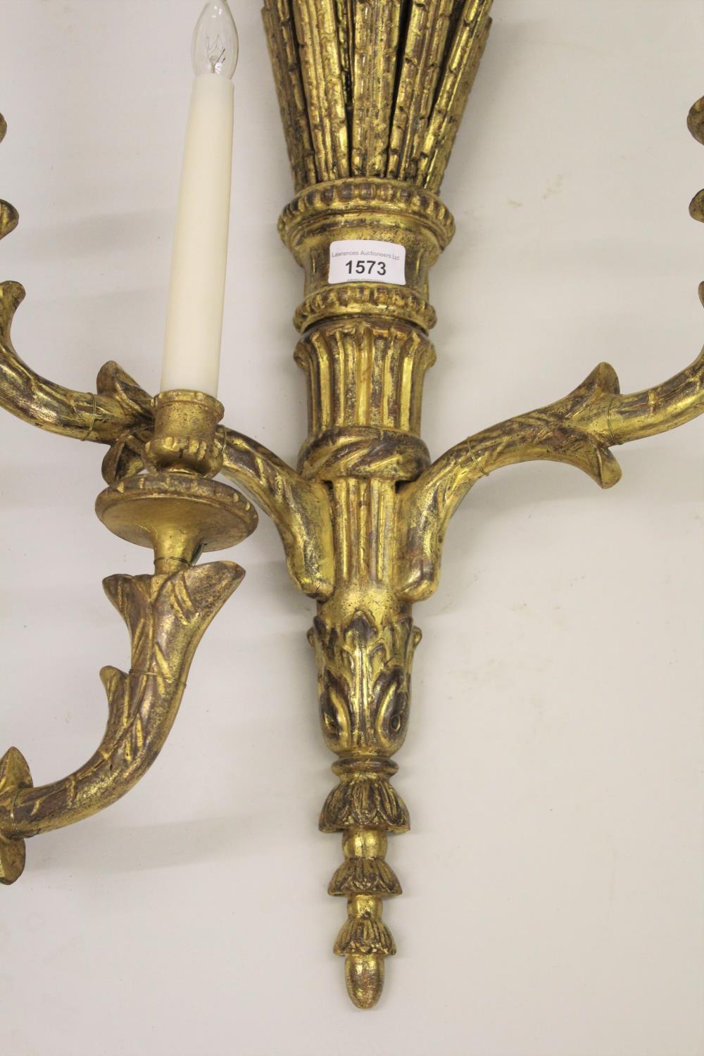 Pair of 19th Century carved and gilded twin light wall sconces, each with a bow surmount above a - Image 2 of 2