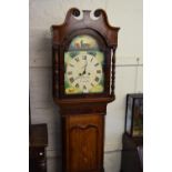 George III oak mahogany banded and shell inlaid longcase clock, the arched hood with swan neck
