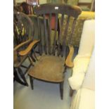 Victorian stained beech and elm slat back elbow chair