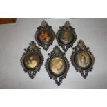 Group of five Italian miniature Florentine style oval frames with silkwork pictures and three modern