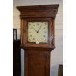 George III oak longcase clock, the square hood above a rectangular panelled door on a later plinth