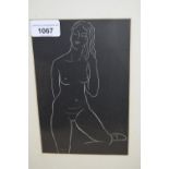 Eric Gill, black and white woodcut print, nude study, 7.75ins x 5ins approximately