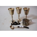 Continental silver toddy ladle, a plated drum form mustard and sundries