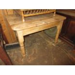 19th Century rectangular plank top pine kitchen table on turned supports with single end drawer,