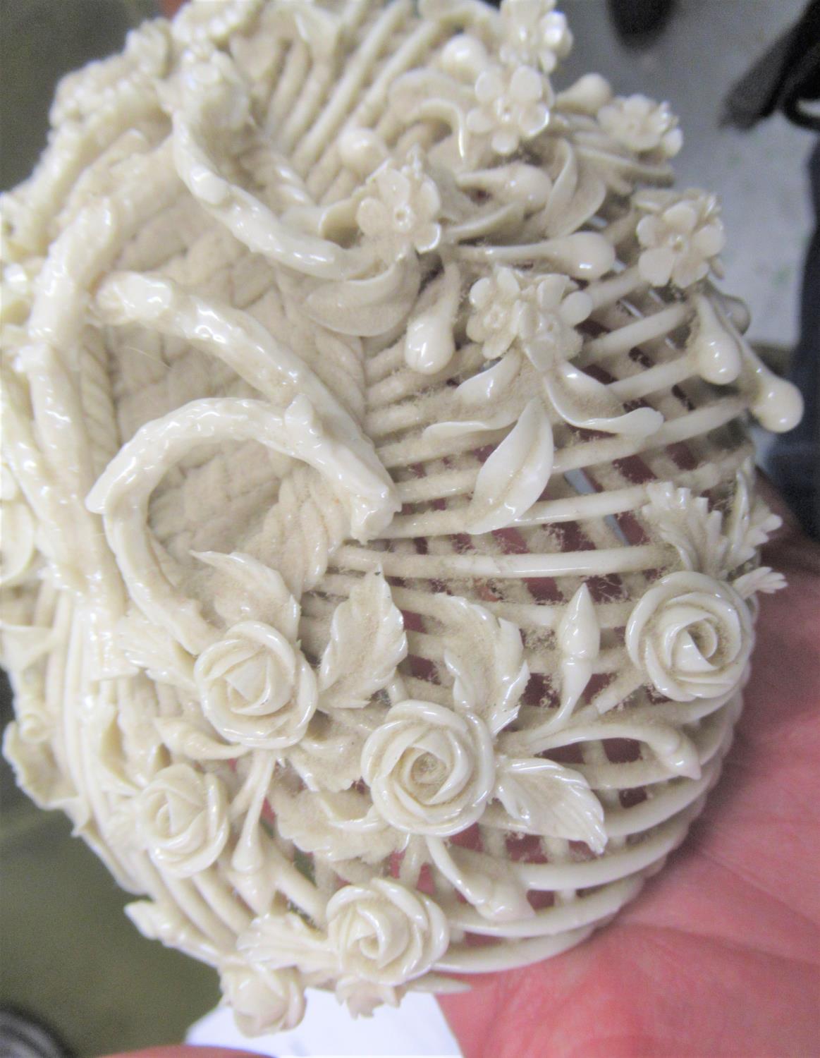 19th Century Belleek floral encrusted lattice work basket with cover (some damages), 8.5ins x 6.5ins - Image 5 of 12