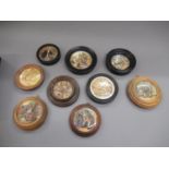 Box containing a collection of 19th Century Prattware pot lids mounted in frames