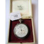 Lipe crown wind chronograph pocket watch with Niello decorated case, 50mm diameter