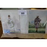 Two small unframed watercolours, studies of a bride and sportsman, attributed to a child of Queen