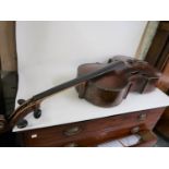 19th Century cello having two piece back and carved scroll head stock (for restoration) Length of