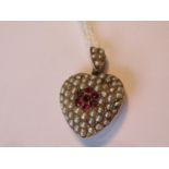 19th Century gold heart shaped pendant set rubies and seed pearls, the pendant including loop, 2.9g,