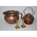 Embossed copper jardiniere, 19th Century copper kettle and a pair of small brass candlestcks