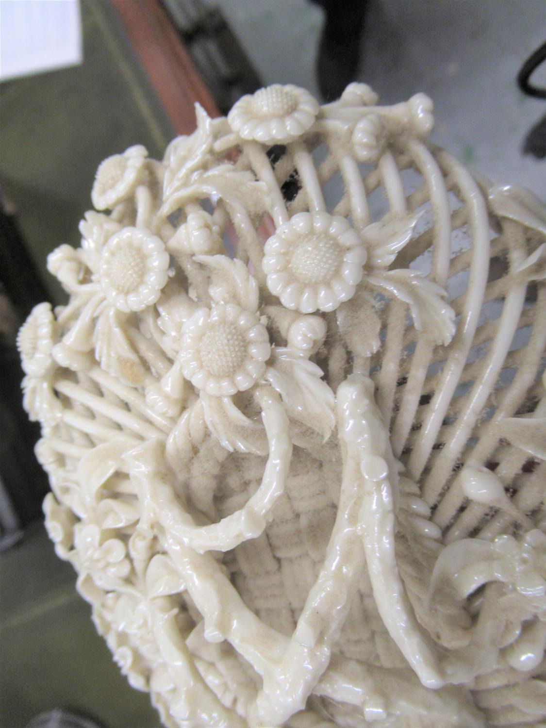 19th Century Belleek floral encrusted lattice work basket with cover (some damages), 8.5ins x 6.5ins - Image 4 of 12