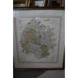 Framed antique hand coloured map of Hereford by C. Smith, 1804