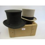 Lock and Co. grey top hat, together with a Dunn and Co. black folding opera top hat