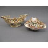 Two Zsolnay floral decorated and gilded open dishes with pierced decoration, 10ins wide and 8ins