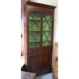 George III oak standing corner cabinet with a moulded cornice above a pair of astragal glazed doors,