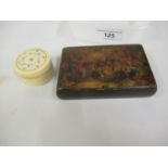 19th Century rectangular papier mache snuff box, the lid printed with figures in a tavern together