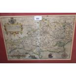 Antique hand coloured map of Dorset, 10.75ins x 15ins approximately, together with an antique hand