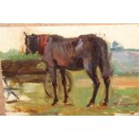 Russian oil on card, study of horses by a haycart, signed and dated 54 (1954)