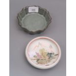 Chinese small circular shallow dish painted with a mountain landscape, 4.5ins diameter together with
