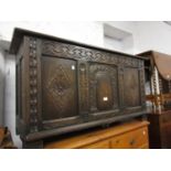 Reproduction carved oak three panel coffer Minor blemishes to the finish otherwise very sound