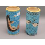 Pair of late 19th / early 20th Century Japanese earthenware cylindrical vases decorated with