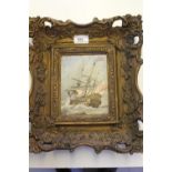 Oil on mahogany panel, English Man-o-War at sea, inscribed verso ' Wolstenholme ', ornate gilt