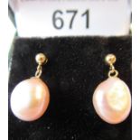 Pair of 9ct yellow gold pink and purple cultured pearl drop earrings