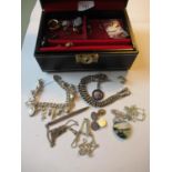 Heavy silver double Albert with clips and bar, silver charm bracelet, pair of silver cufflinks,