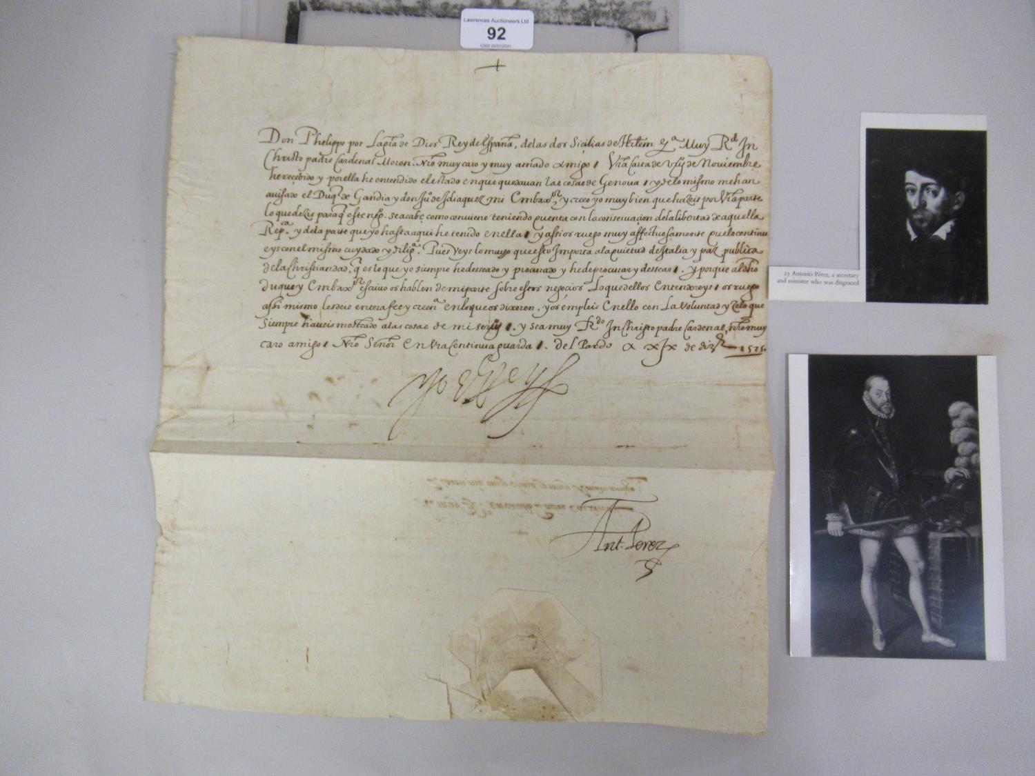King Philip II of Spain 1527 - 1598, a letter signed in Spanish L el Pardo, 19th December 1575, to