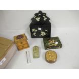 19th Century Mauchline ware miniature two drawer chest / pin cushion, papier mache wall pocket and