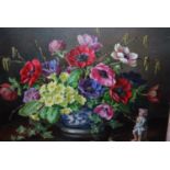 Constance Cooper signed oil on canvas, spring flowers in a blue and white bowl, 14ins x 18ins