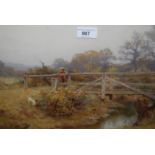 Berenger Benger, watercolour, boy standing on a wooden bridge in a rural landscape, a dog to the