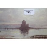 J.T. Chilcot, oil on card, coastal scene at sunset with distant castle, signed, 5ins x 11.5ins, gilt