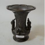 Japanese dark patinated bronze baluster form vase relief decorated with birds and trees and with