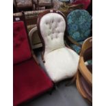 Victorian mahogany and button upholstered low seat nursing chair covered in pale cream figured